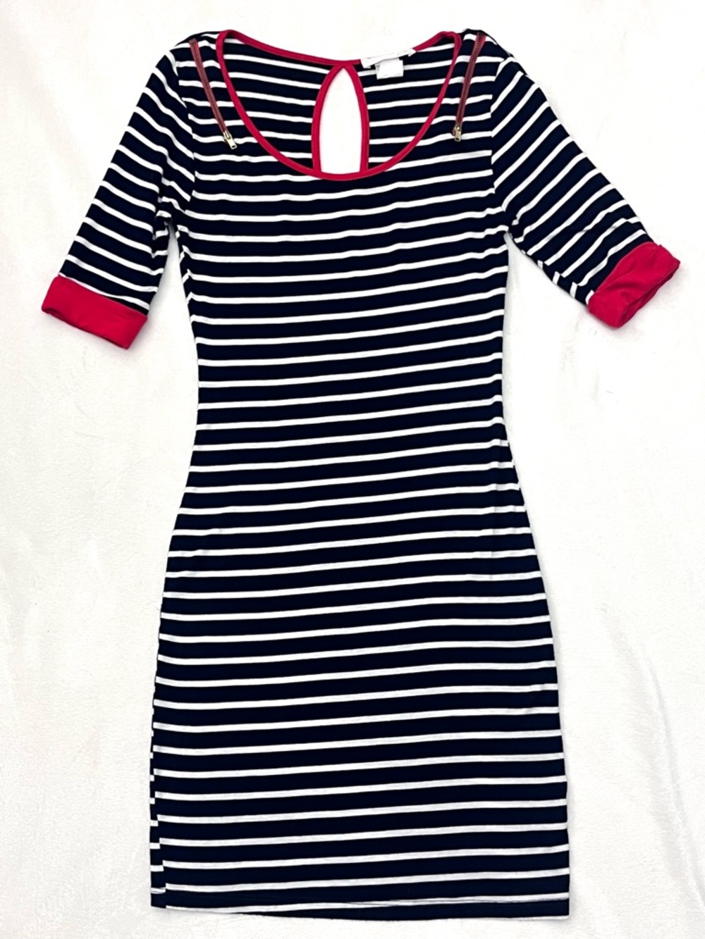 A’Gaci Women’s Striped Navy & White Bodycon Dress wRed Trim & Gold Zipper Detail